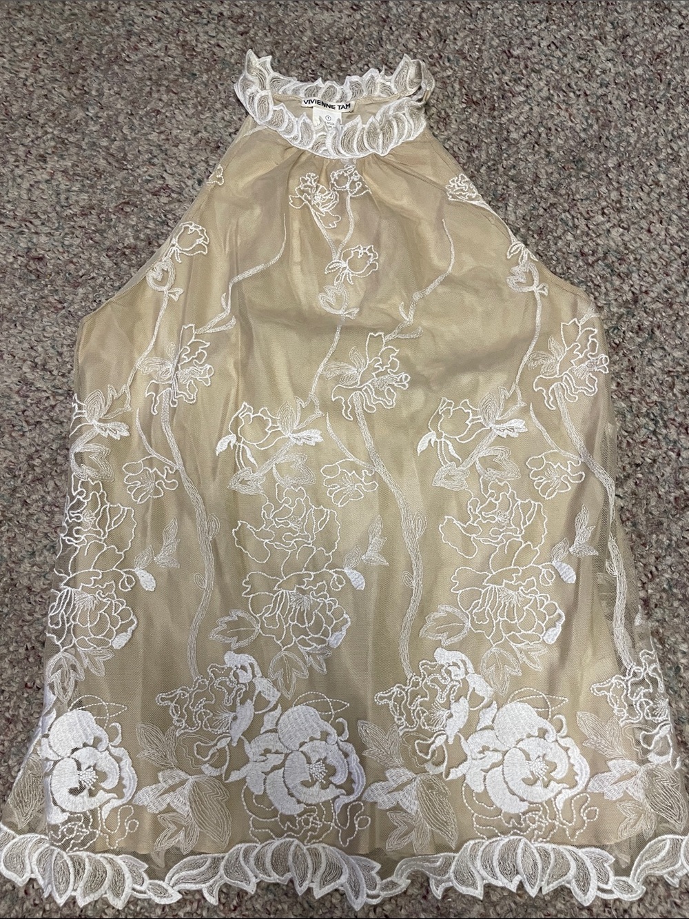 Vivian tam 100% silk High Neck halter with White Embroidered lace top